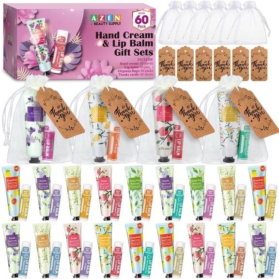 Set de regalo a granel AZEN, crema de manos y bálsamo labial, 60 juegos con bolsa