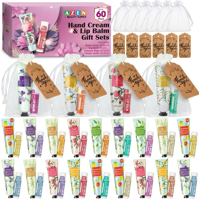 Set de regalo a granel AZEN, crema de manos y bálsamo labial, 60 juegos con bolsa