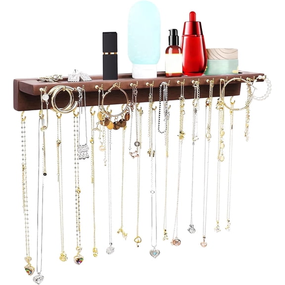 Necklace Holder, Upgraded Large Wall Necklace Organizer with 30 Hooks Wall Mounted Necklace Hanger with Jewelry Tray/Cosmetics Shelf Wooden