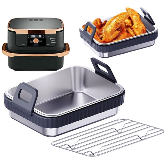 Lttoisl HFSAZJ Stainless Steel Air Fryer Baking Pan with Silicone Handles & Rack, Durable Frying Accessories Replacement, Non-Stick Roasting Basket for Ninja AF400EU AF451EU AF500EU DZ400EU