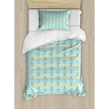Floral Duvet Cover Set Twin Size, Pattern with Abstract Scandinavian Style Geometric Flowers, Decorative 2 Piece Bedding Set with 1 Pillow Sham, Pale Blue Yellow and Charcoal Grey, by Ambesonne