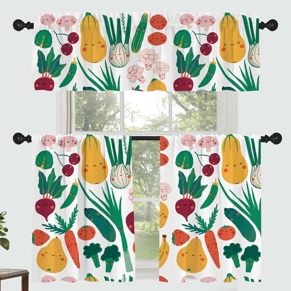 Cute Vegetable Curtains for Kitchen Bathroom Healthy Food Rod Pocket Window Tier Curtains Valance Set 3 Pcs Simple Art Cartoon Printed Short Curtains 54 x 18 inches 27 x 36 inches *2
