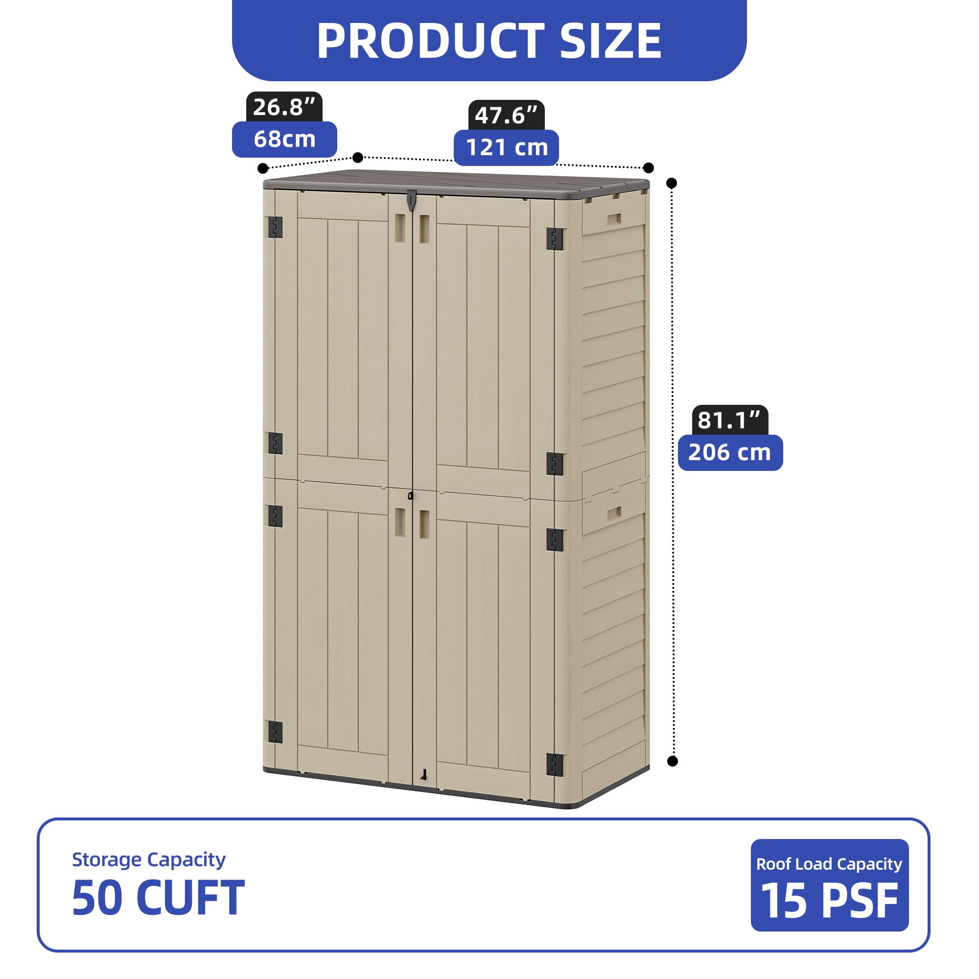 Craftian Vertical Resin Outdoor Storage, 50 cubic feet w/ Shelving for Garden Garage Poolside, Locking Capability, (Khaki & Brown)