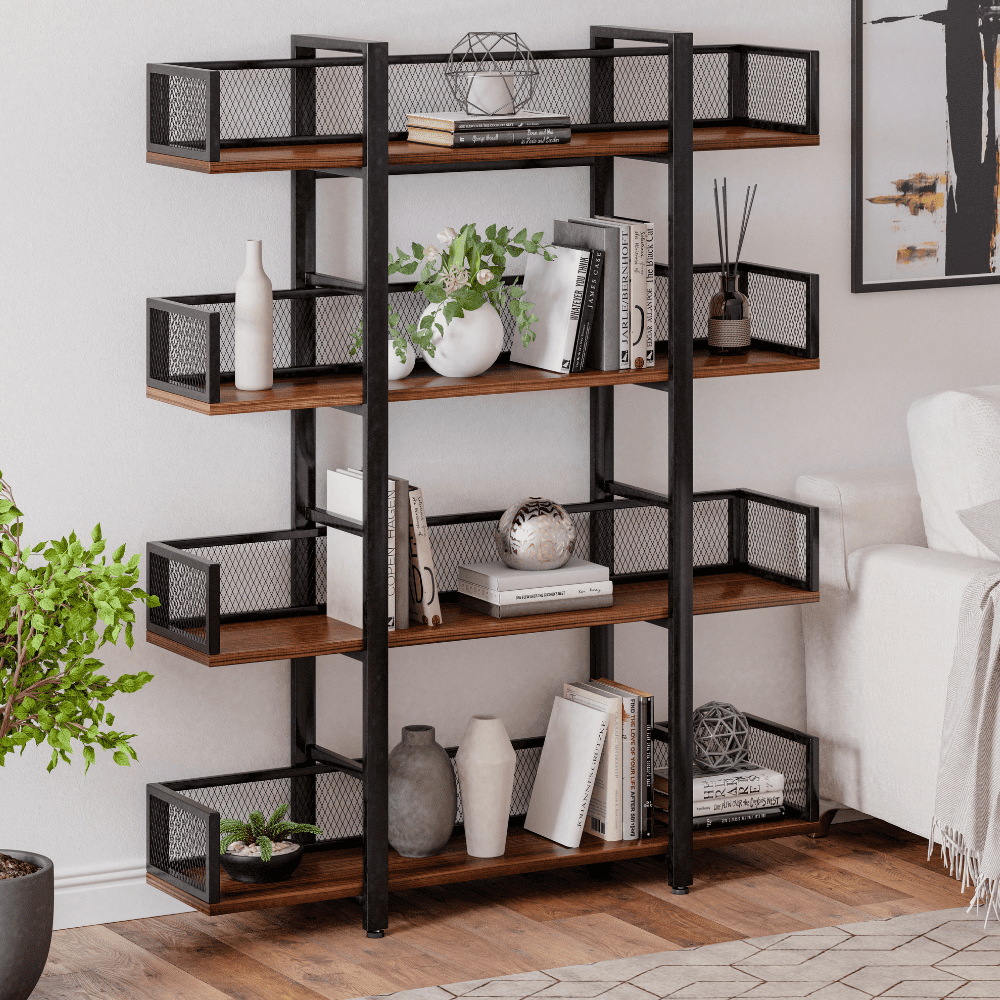 STURDIS Solid Wood Black Metal Industrial Bookshelf 4 Tier Visually Appealing & High Capacity for Book Storage