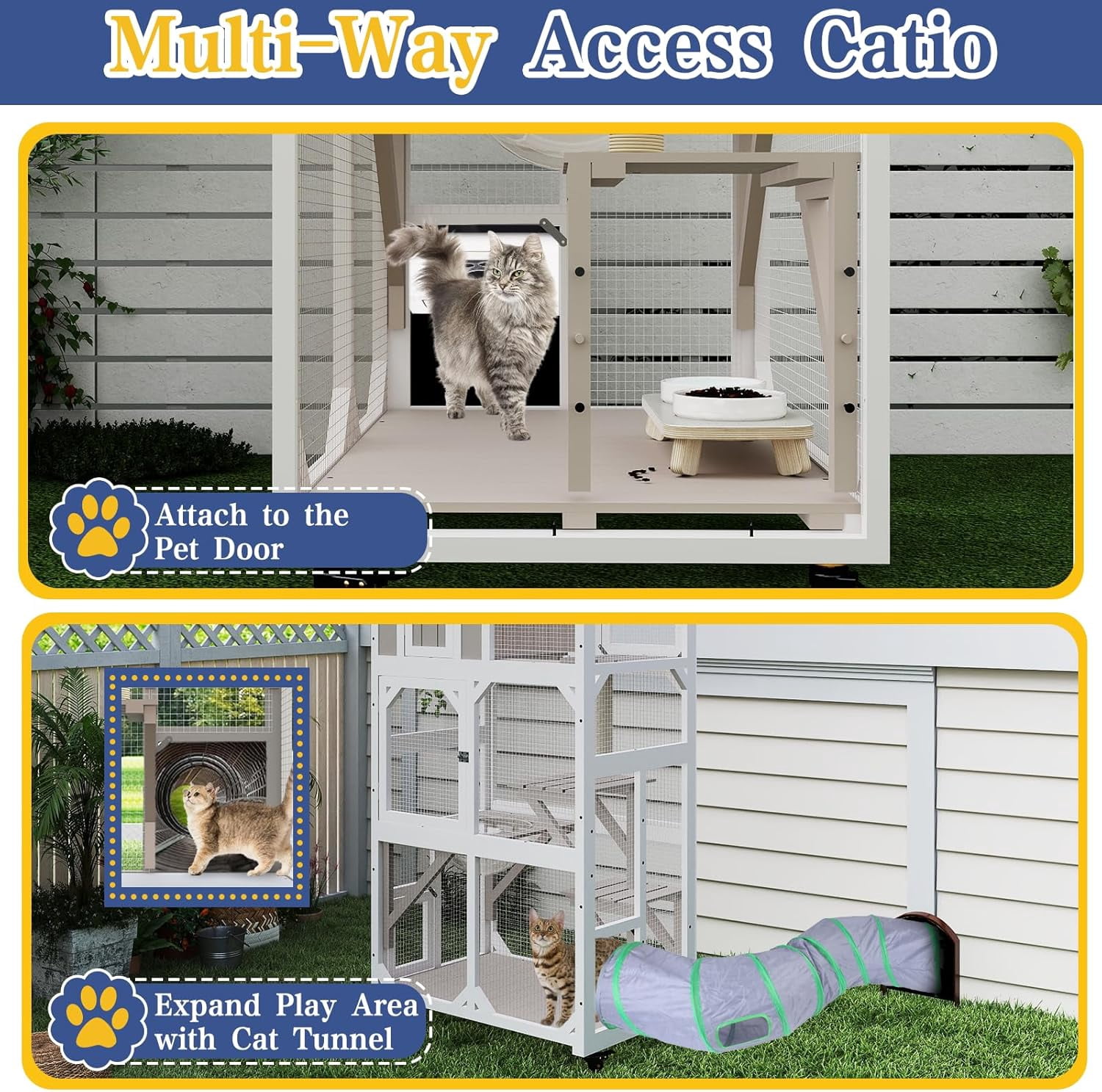 64" Large Wooden Catio Outdoor Cat Enclosure, Window Cat House with Wheels & 3 Platforms, Kitty Cage with Weatherproof Roof for Multiple Cats (Gray)