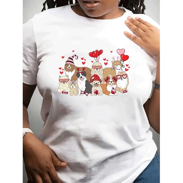 Women's Valentine's Day T-Shirt, Cute Animal Print, Crew Neck, Casual Knit Slight Stretch, All-SeaCamisetas para mujer, lindas camisetas con estampado gráfico, de manga corta, estilo casual, para ve