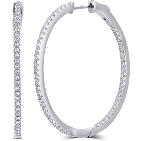 1/2 Carat T.G.W. CZ Rhodium-Tone Inside-Outside Brass Hoop Earrings