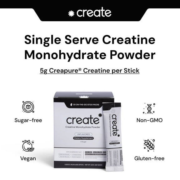 Create Single Serve Creatine Monohydrate Powder – 5g Creapure Creatine | Redefining Strength, Energy & Recovery | Sugar-Free, Vegan, Non-GMO | Unflavored | 30 Packets