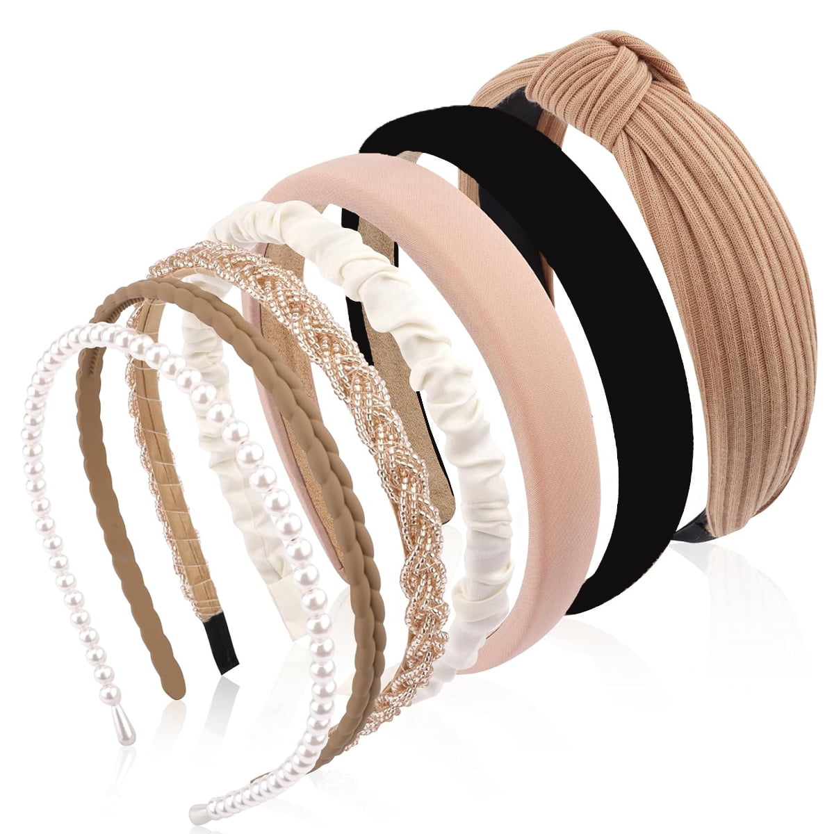 7 Pcs Headbands for Women Gifts Brown Knotted Solid Head Bands Pearl Headband Non Slip Hairbands Fashion Hair Accessories