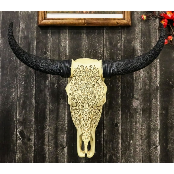 Tribal Floral Vines Tooled Bison Bull Cow Skull With Horns Wall Decor Plaque