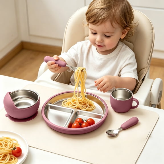 Lunxisen 1 Pcs Stainless Steel Suction Cup Fork And Spoon Set Toddler Self Feeding Utensils Non Silicone Suction Plate For Mealtime