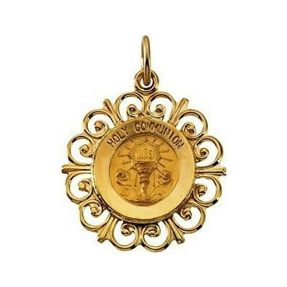 14K Gold First Hold Communion Religious Medal - Approx. 3/4 inch x 3/4 inch in Solid 14K Yellow Gold