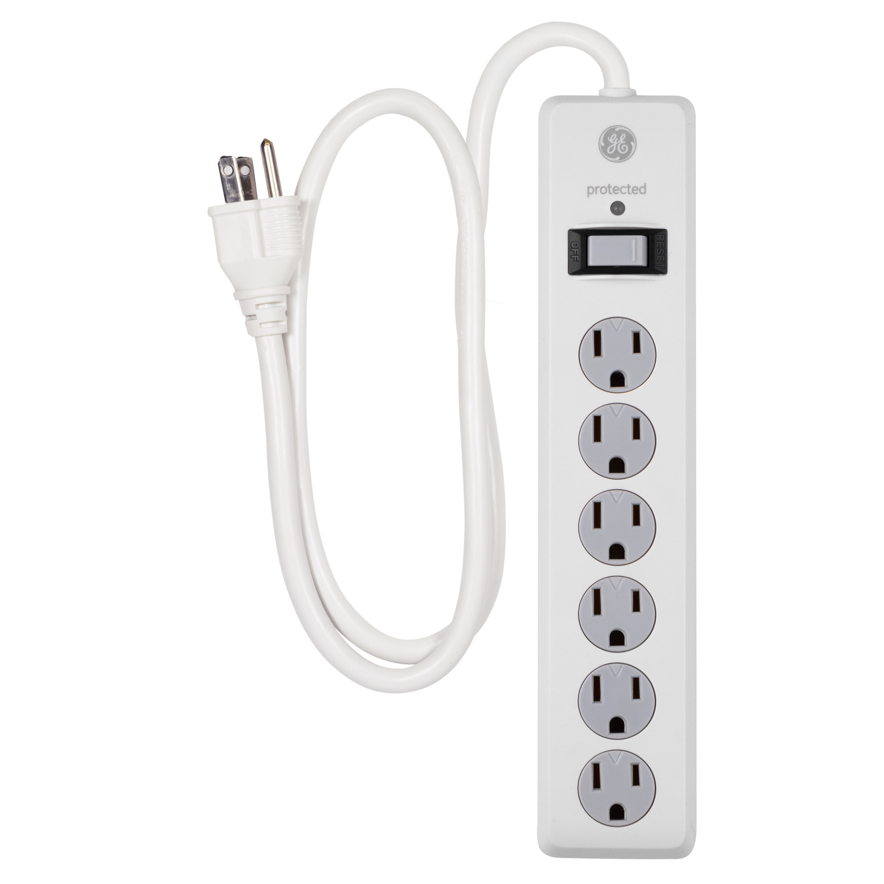 GE 6Outlet Power Strip Surge Protector, 3 ft Cord, 800J, White, 14010