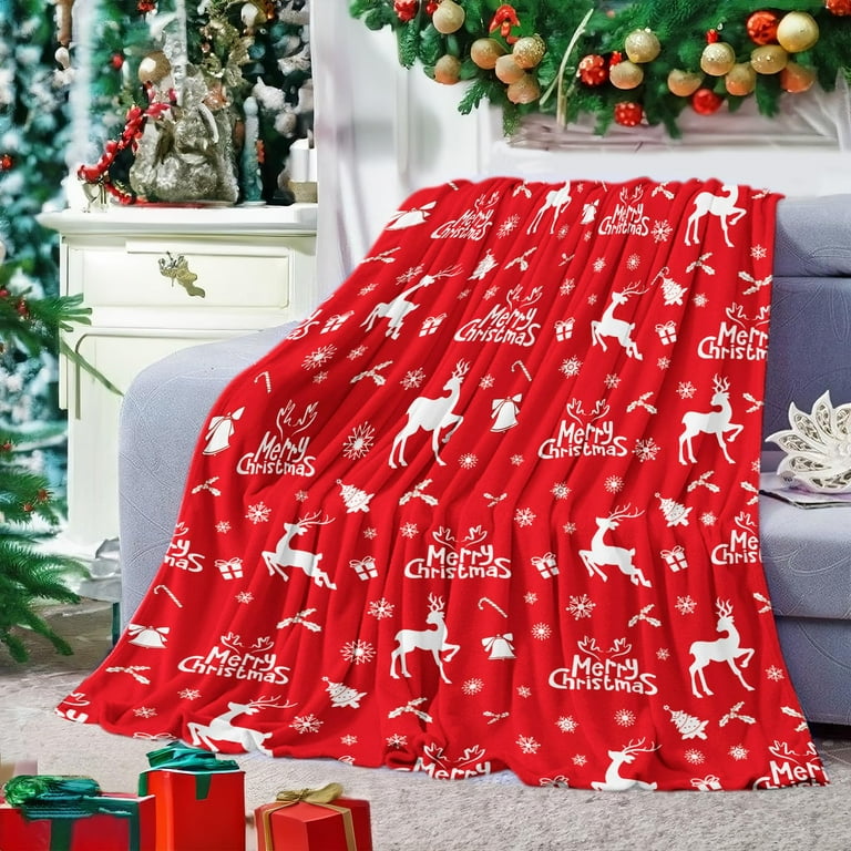 Christmas Throw Blanket Red Merry Christmas Elk Reindeer Gifts Blankets Ultra Soft Cozy Plush Fleece Flannel Xmas Throws for New Year Snowflake Winter