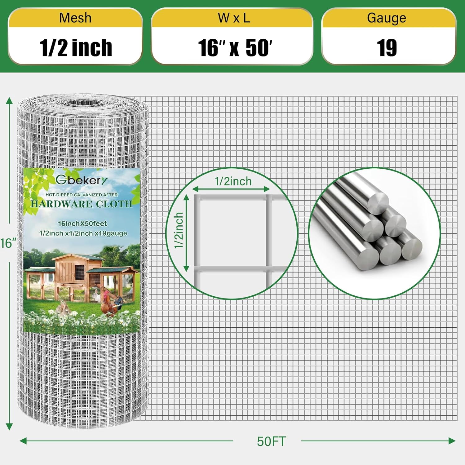 Hardware Cloth 1/2 inch 16in x 50ft 19 Gauge, Hot-dip Galvanized After Welding Chicken Wire Mesh Roll Garden Plant Welded Metal Wire Fencing Roll, Rabbit Cages Snake Fence