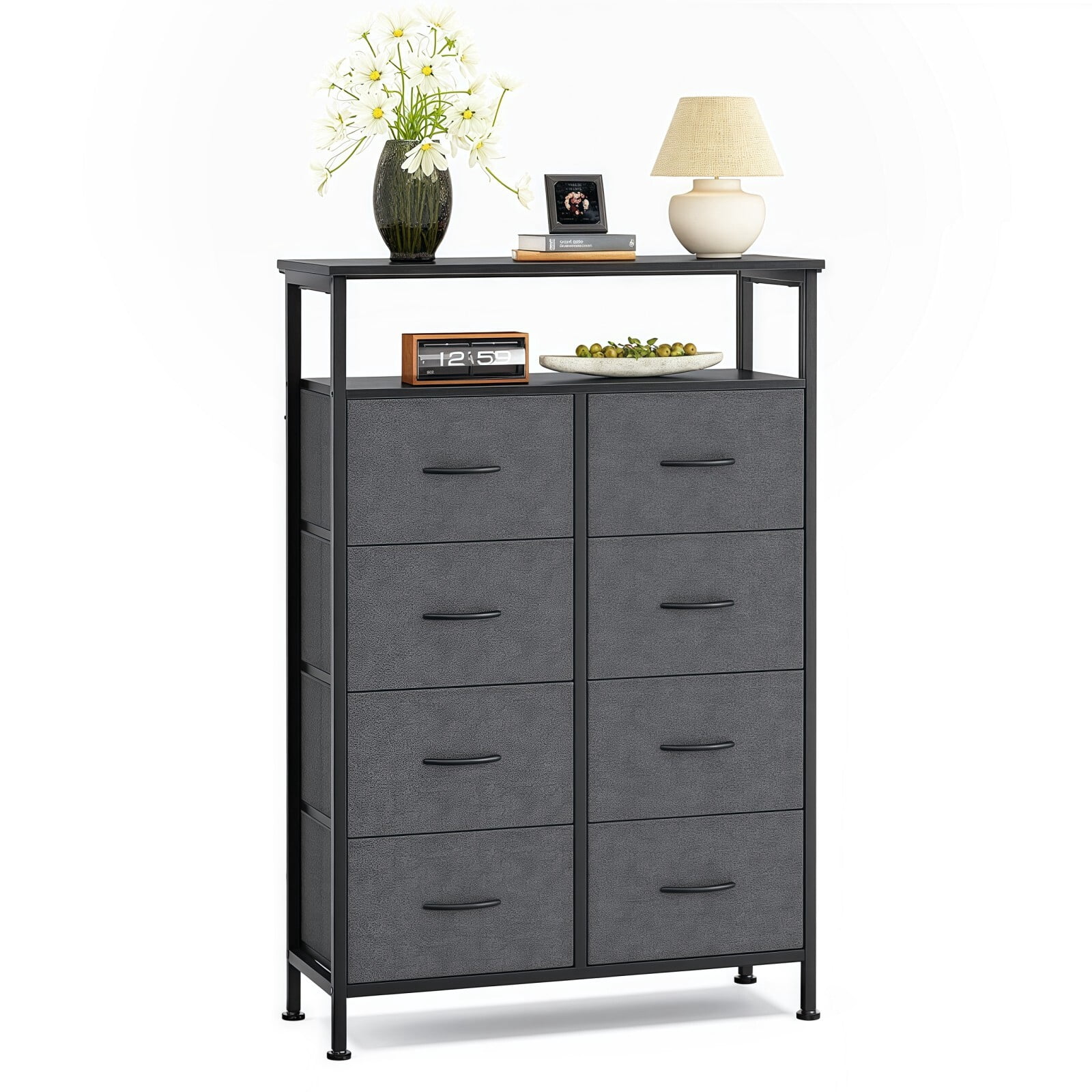 BEAUTYPEAK 8 Drawer Fabric Dresser with Wood Top Open Shelf Storage Chest with Adjustable Feet, Gray