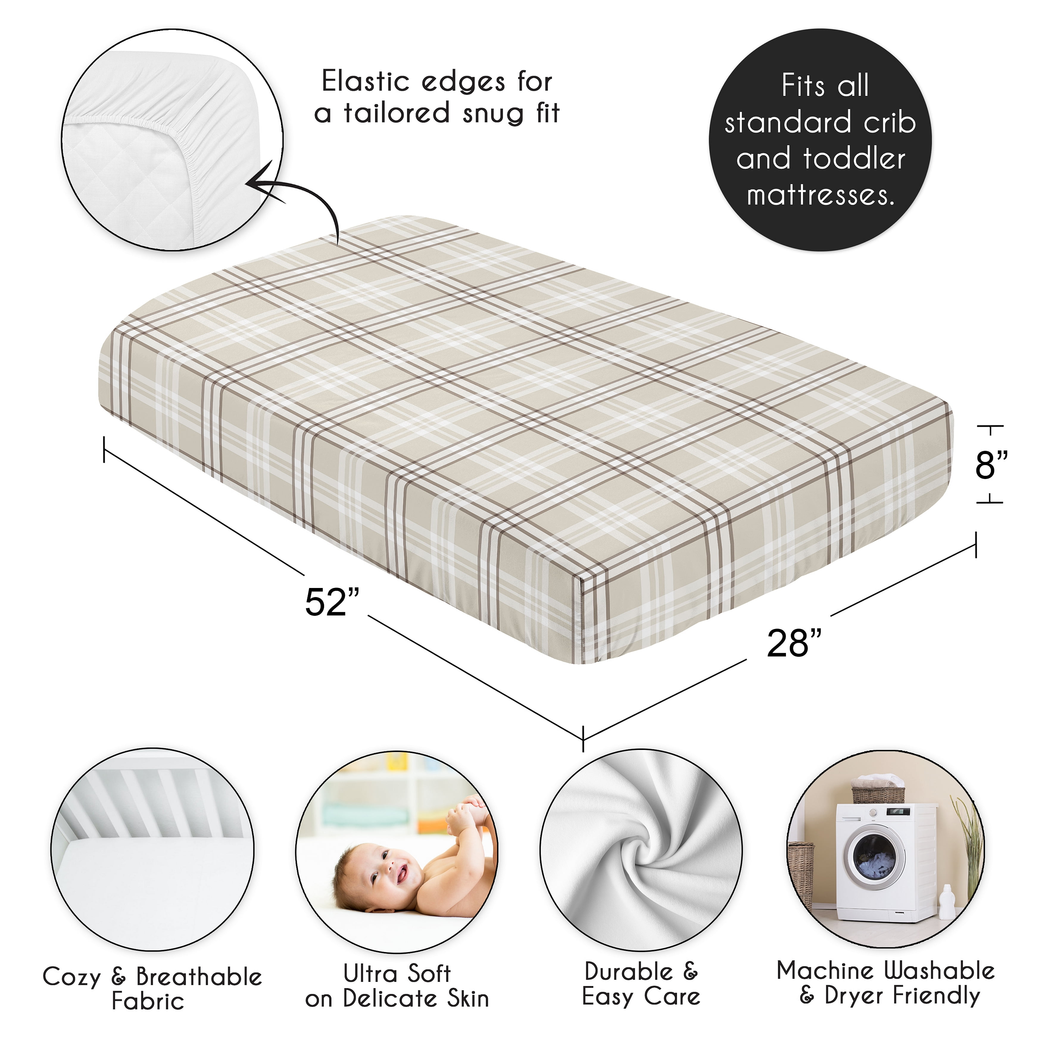 Sweet Jojo Designs Gingham Taupe Plaid Boy, Girl, Unisex/Gender Neutral Fitted Crib Sheet