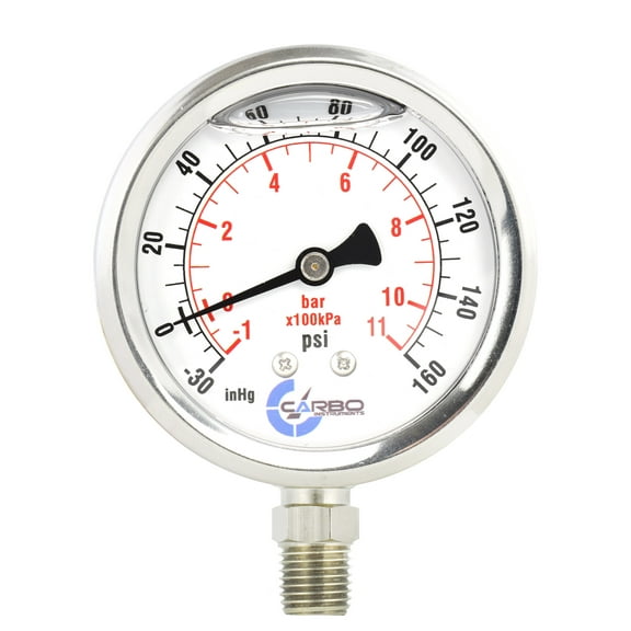 CARBO Instruments 1-1/2" Pressure Gauge, Stainless Steel Case, Chrome Plated Brass Connection, Lqiuid Filled, Compound Vacuum -30 Hg - 0 - 160 psi Lower Mount 1/8" NPT