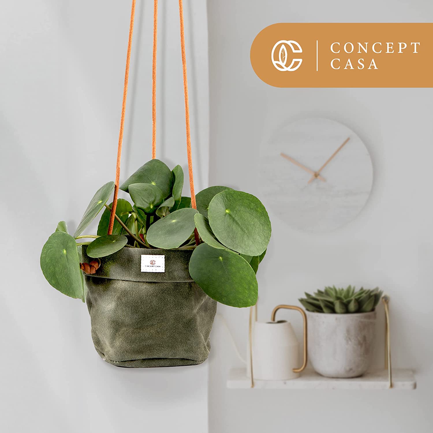 Concept Casa Small 5" Solid Print Hanging Planter with Handmade Waxed Canvas (Forest Green)