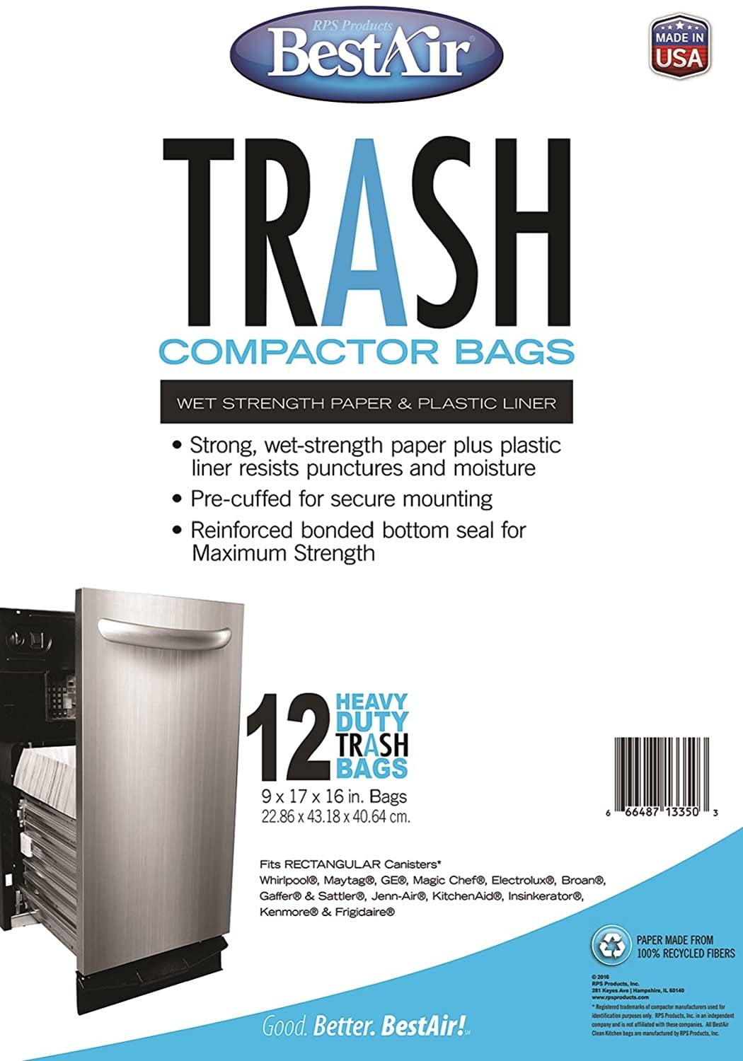 BestAir Trash Compactor Bags 12 Bags Strong Wet-Strength Paper & Plastic Liner 