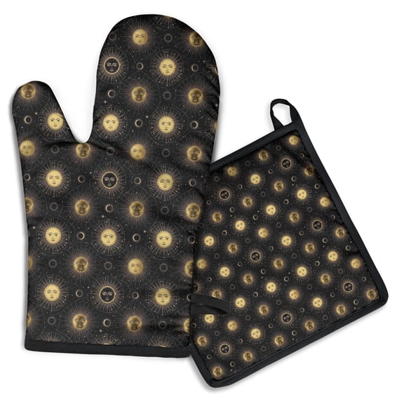 Black Gold Sun Moon Pattern Kitchen Oven Mitt and Pot Holder Sets 2 Pcs for Baking, Cooking and Grilling, Heat Resistant Up To 392 °F