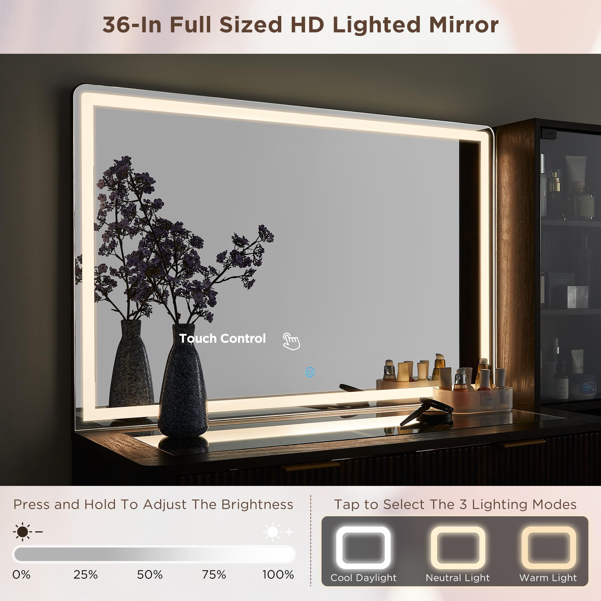 OKD Makeup Vanity Table with Lights and Mirror, Vanity Desk with 5 Drawers and Charging Station for Bedroom,Dark Walnut