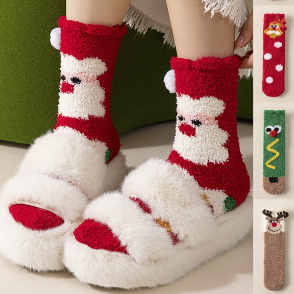 Fabrcox Fuzzy Slipper Socks for Women, Cute Mid-Calf Non Slip Winter Warm Casual Santa Printed Indoor Floor Socks for Home Lounging (D)