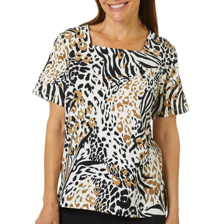 Alfred Dunner Womens Mixed Animal Print Square Neck Top