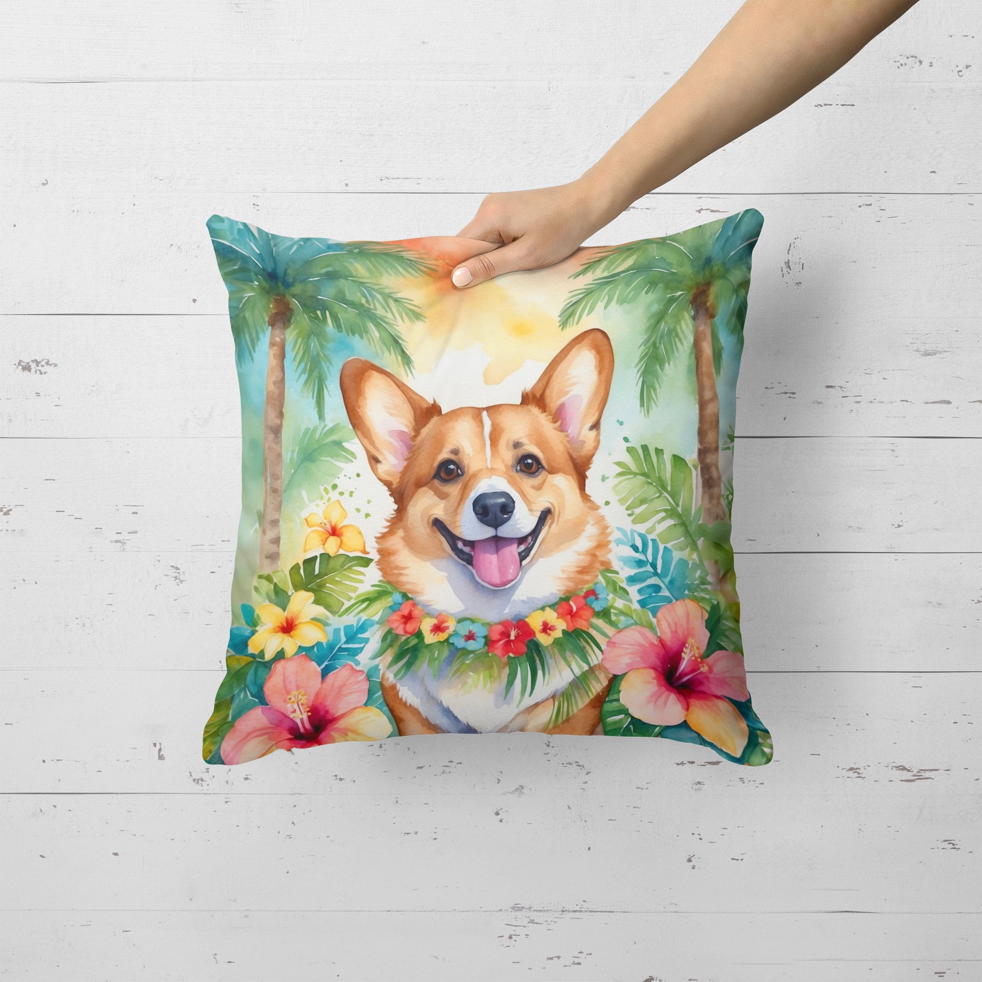 Corgi Luau Throw Pillow 18 in x 18 in