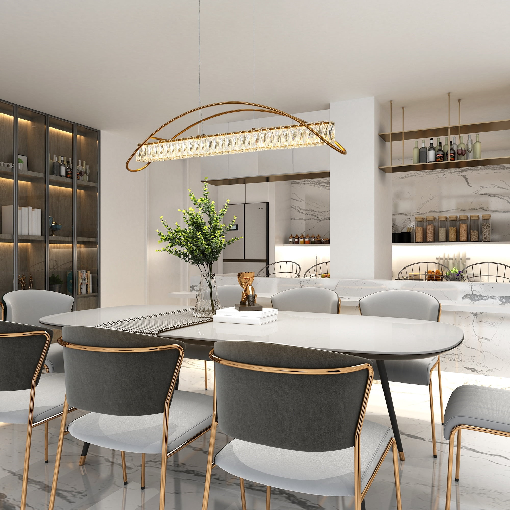 LNC Cardoon 1-Lights 39.4" Luxury and Glam Linear Crystal Integrated LED Kitchen Island Lights, Gold
