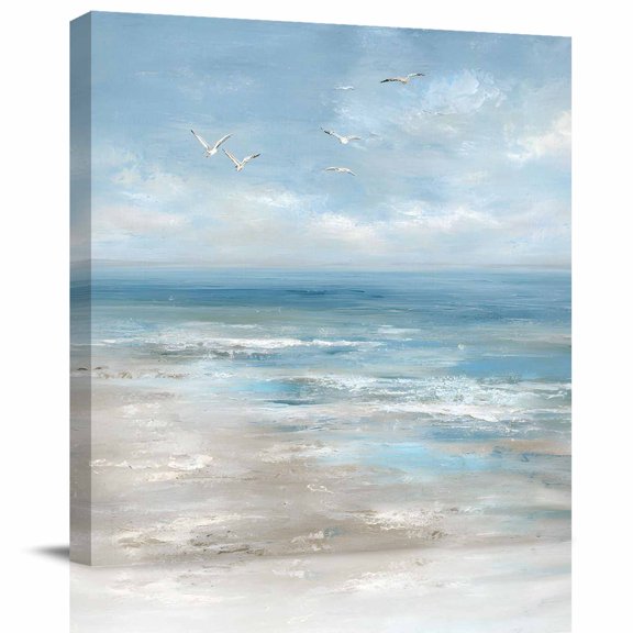 Summer Ocean Beach Ombre Canvas Artwork Painting Art, Vintage Oil Painting Square Framed Wall Decorations Prints Picture for Bedroom Kitchen Living Room, 8x8 in