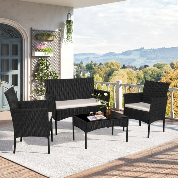 Walsunny 4-Piece Patio Rattan Furniture Set with Cushions & Tempered Glass Tabletop, White