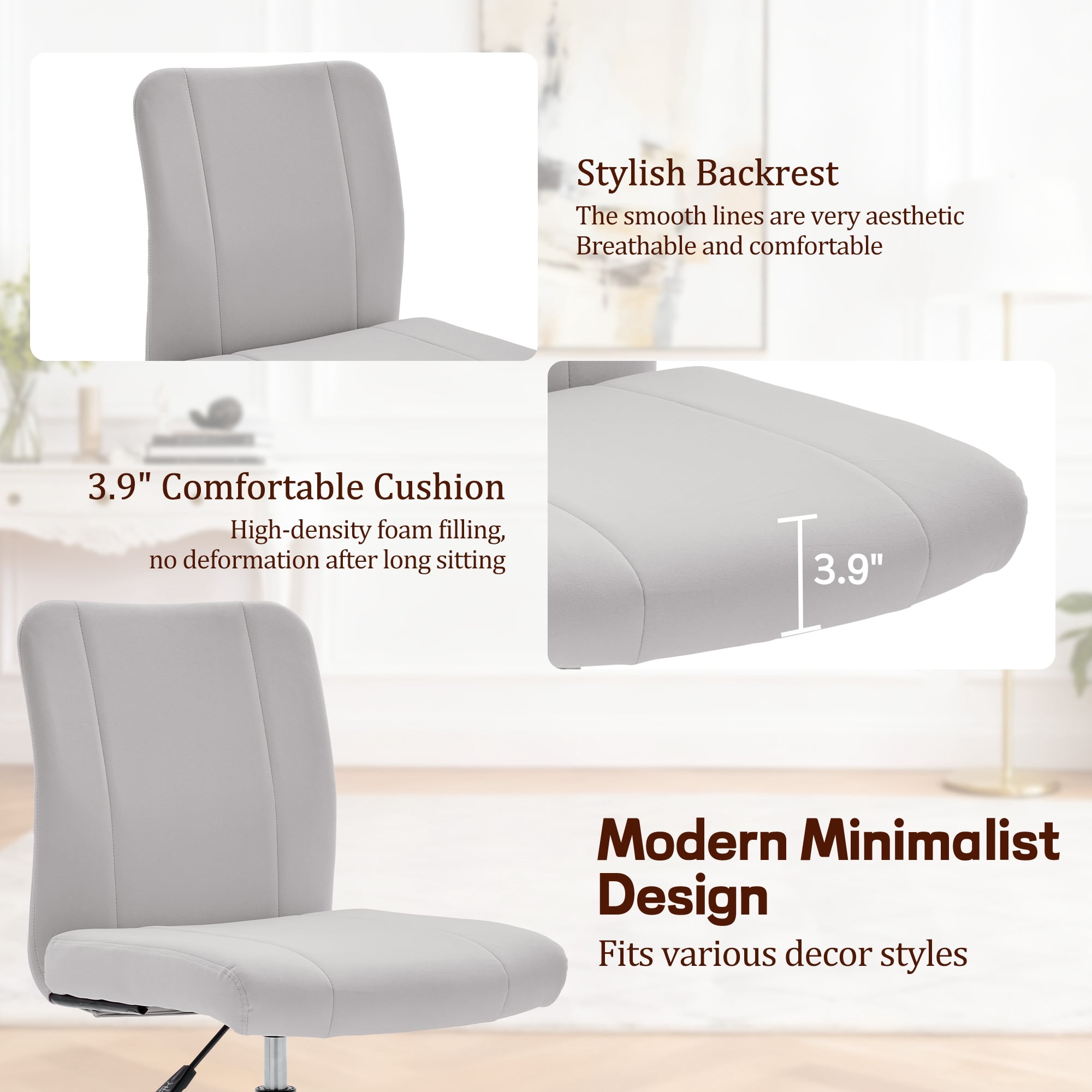 Korser Armless Home Office Desk Chair with Back Modern Vanity Chair with Adjustable Height,360° Swivel Task Chair,Velvet,Grey