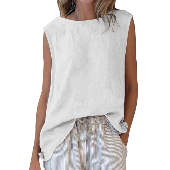 Mittory Womens Linen Tank Tops Loose Fit Comfy Lounge Wear Summer Sleeveless Crewneck Basic Camisole Lightweight Shirts