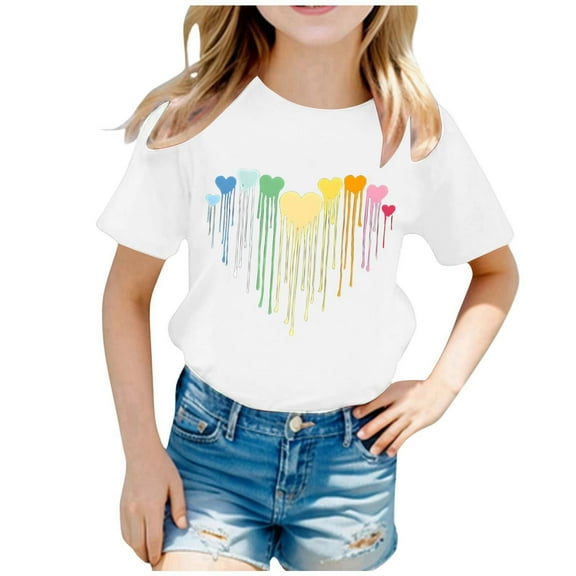 ibiyuan Girls T Shirts Size 7-8 Short Sleeve Cotton Top School Shirt Girls Round Neck Heart Bow Basic Tees Quality Toddler Girl Summer Clothes,2-4 Years