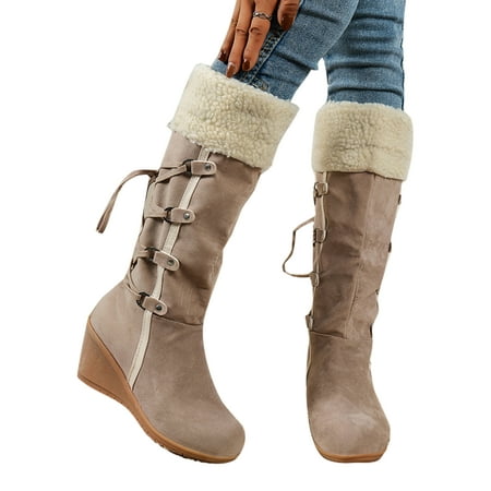 

Ferndule Womens Snow Boots Pull On High Calf Boot Round Toe Mid Heel Bootie Warm Wedge Tall Booties Casual Winter Shoes Studded Slip Resistant Apricot 8
