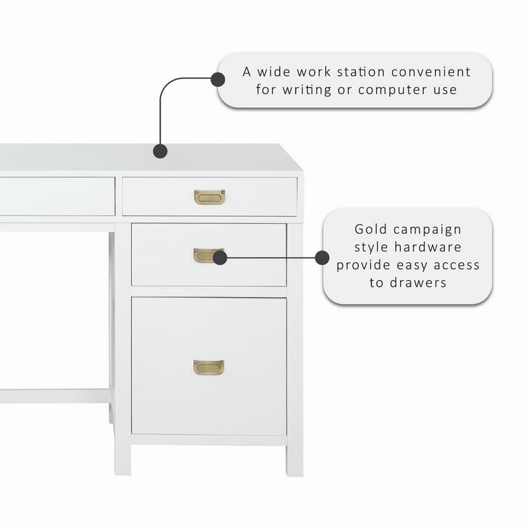 Linon Lakelyn 4-Drawer Desk, 48 Wide with Side Storage, White Finish 