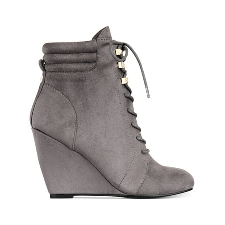 

REBEL BY ZIGI Womens Gray Pyramid Metallic Hardware Kerlynn Round Toe Wedge Zip-Up Booties 7.5