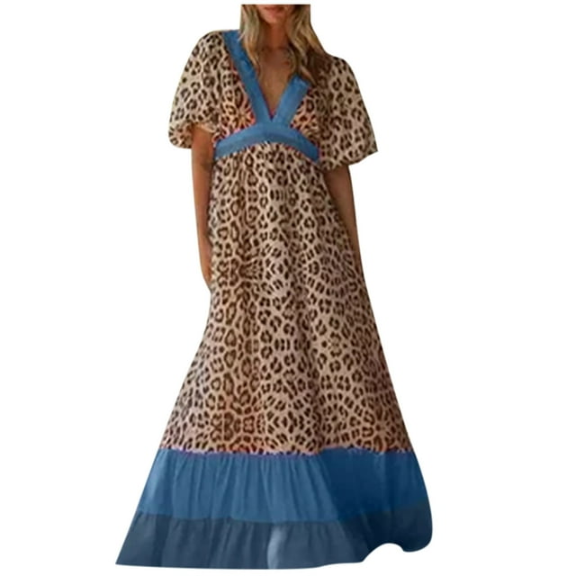 Fridja Women Casual V-neck Leopard Printing Color Block Loose Long Dress