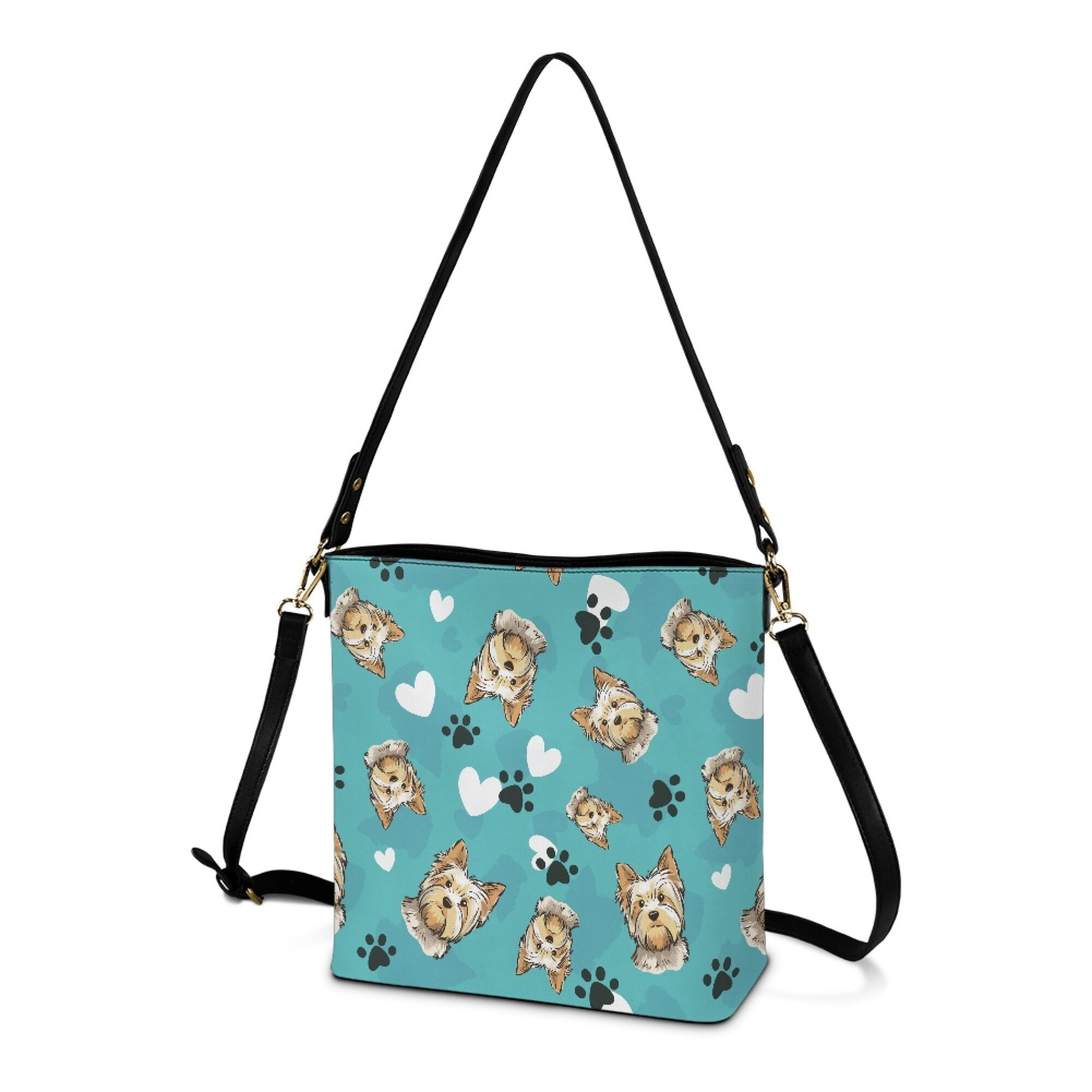 Kuiaobaty Yorkshire Terrier Print Bucket Crossbody Bag for Women, Cute Paw Print Vegan Leather Bucket Tote Bag with Adjustable Strap, Large Capacity Hobo Satchel Purse Crossbody for Travel