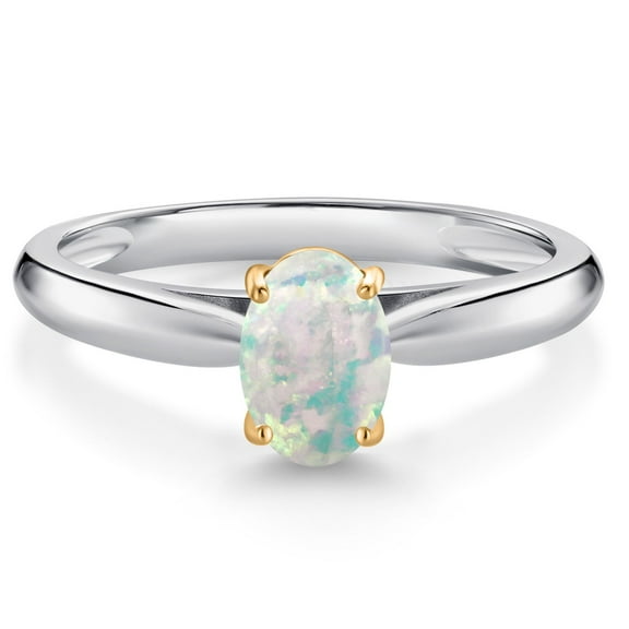 Gem Stone King 10K White and Yellow Gold White Opal Solitaire Engagement Ring for Women (1.00 Cttw, Oval Cabochon 7X5MM, Gemstone October Birthstone, Size 7)