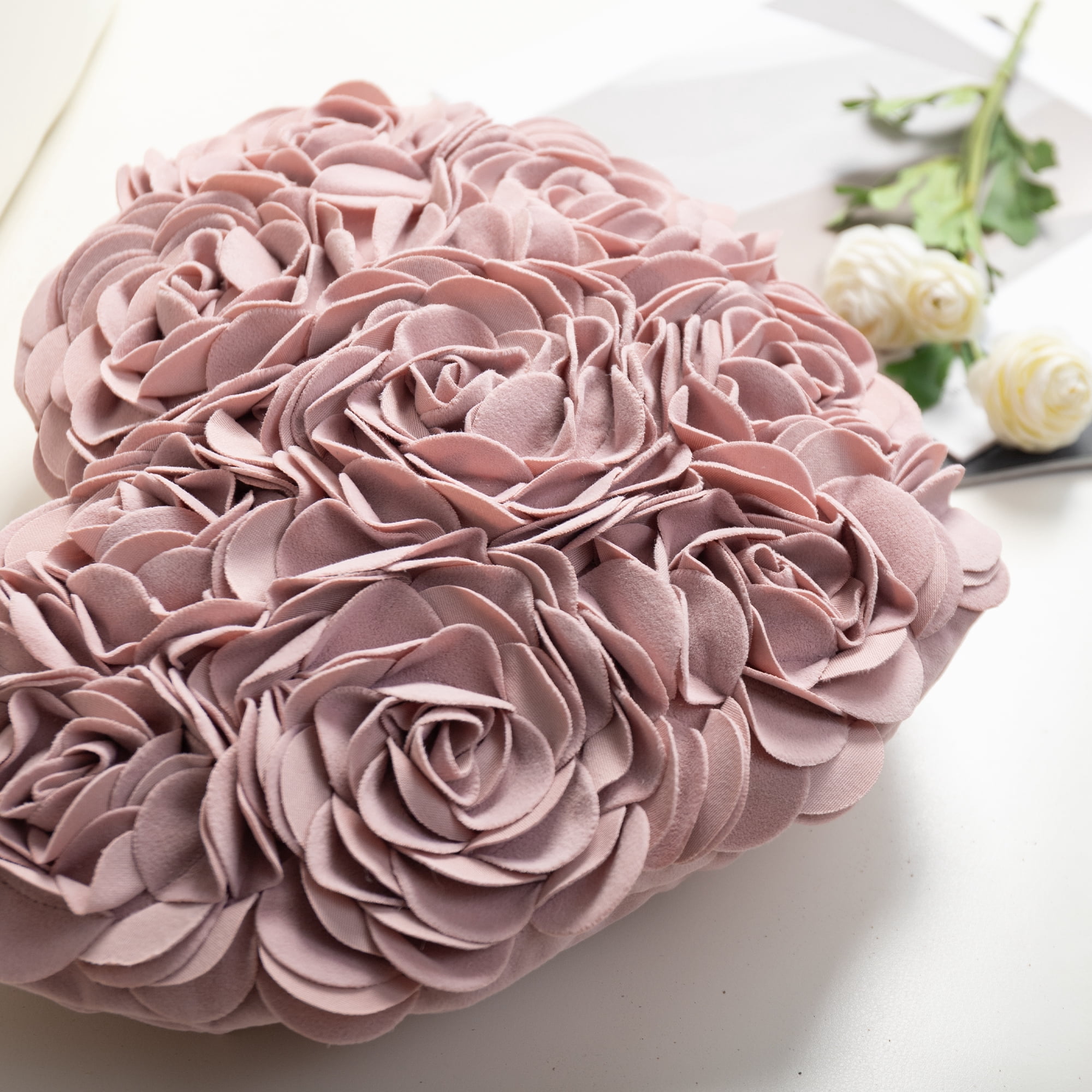 JWH 3D Handmade Flower Design Heart Shaped Rose Pillows for Valentine Elegant Decor and Gift 13 x 16 inch in Rose Gold