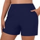 thumbnail image 1 of Prolriy - Bañador corto para mujer, talla grande, cintura alta, tipo slip de playa, fruncido, corte alto, cobertura completa, para yoga y deportes, color azul oscuro, talla M, 1 of 7