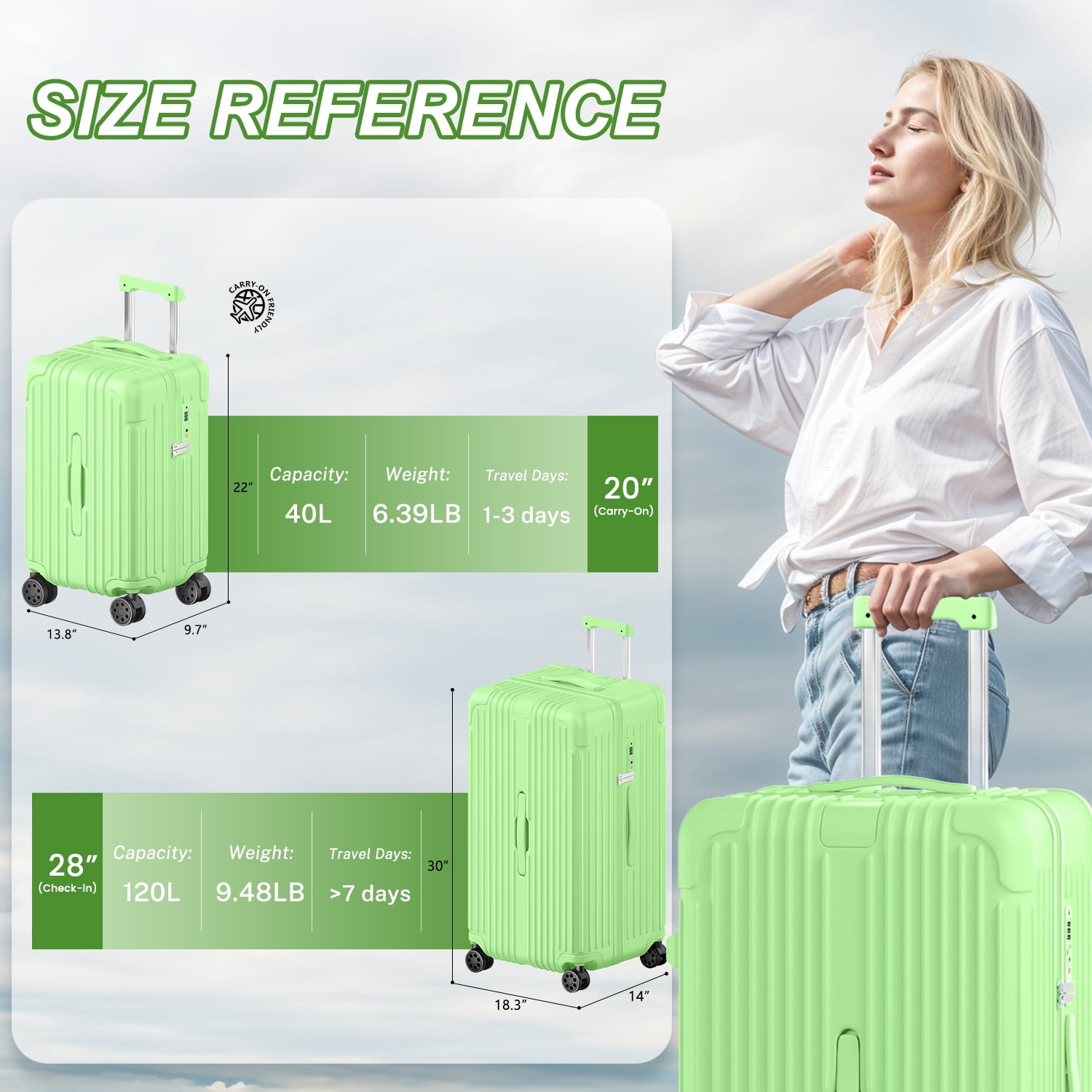 Checked Luggage PC ABS Hardshell Suitcase with Spinner Wheels TSA Lock USB Port and Cup Holder 28 inch AppleGreen
