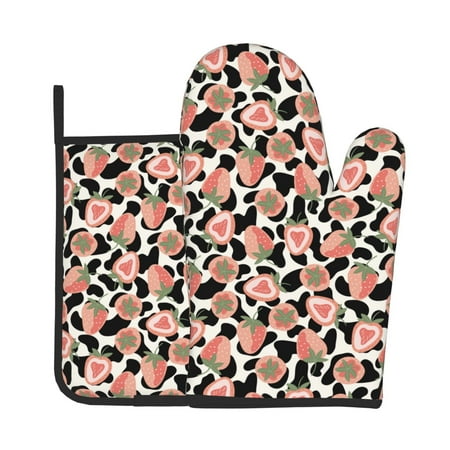 

Xecao Strawberries And Cow Skin Pattern Oven Mitts and Pot Holders Sets Heat Resistant Silicone Oven Mittens Extra Thicken Long Kitchen Cotton Oven Glove for Cooking