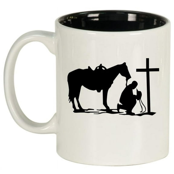Cowboy Praying Cross Horse Ceramic Coffee Mug Tea Cup Gift for Him, Friend, Coworker, Husband (11oz White)