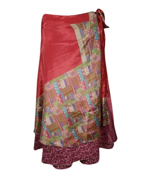 Mogul Women Red,Pink Wrap Skirt 2 Layer Printed Indian Vintage Sari Reversible Beach Wear Magic Wrap Around Skirts