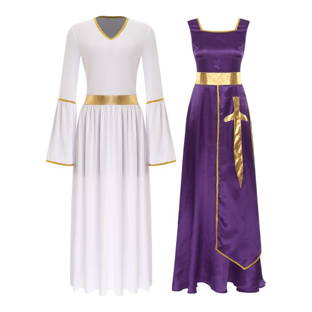 Raenseen Robes de Danse pour Femmes Tenues de Culte Col Carré Tunique avec Robes à Manches Longues Violet&Blanc G