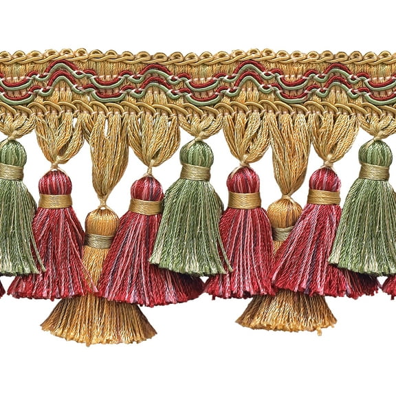 3 3/4" (9.5cm) Imperial Scroll Gimp with Soft Sheen Tiered Tassel Fringe Trim # TFI2,, Holiday Red #3752 (Crimson Red, Light Gold, Mint Green) Sold By The Yard (36"/3 ft/0.9m)