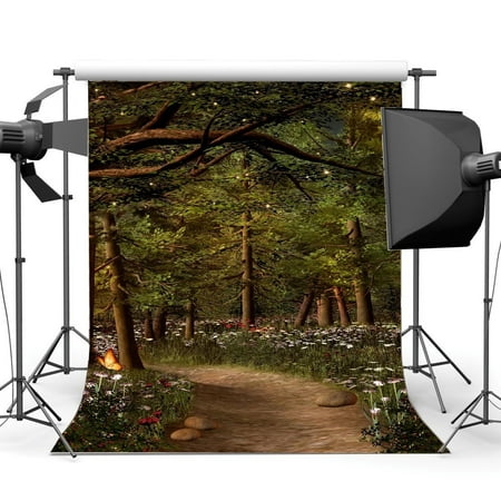 Image of HelloDecor 5x7ft Photography Backdrop Dreamy Fairy Tale Jungle Forest Blooming Flower Butterfly Grass Field Dirt Road Fantasy Landscape Backdrops for